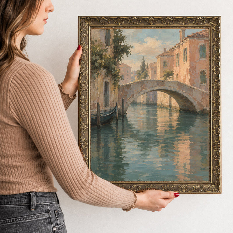 Across the Little Bridge Wall Art in a Gold Ornate Frame, held to show its size