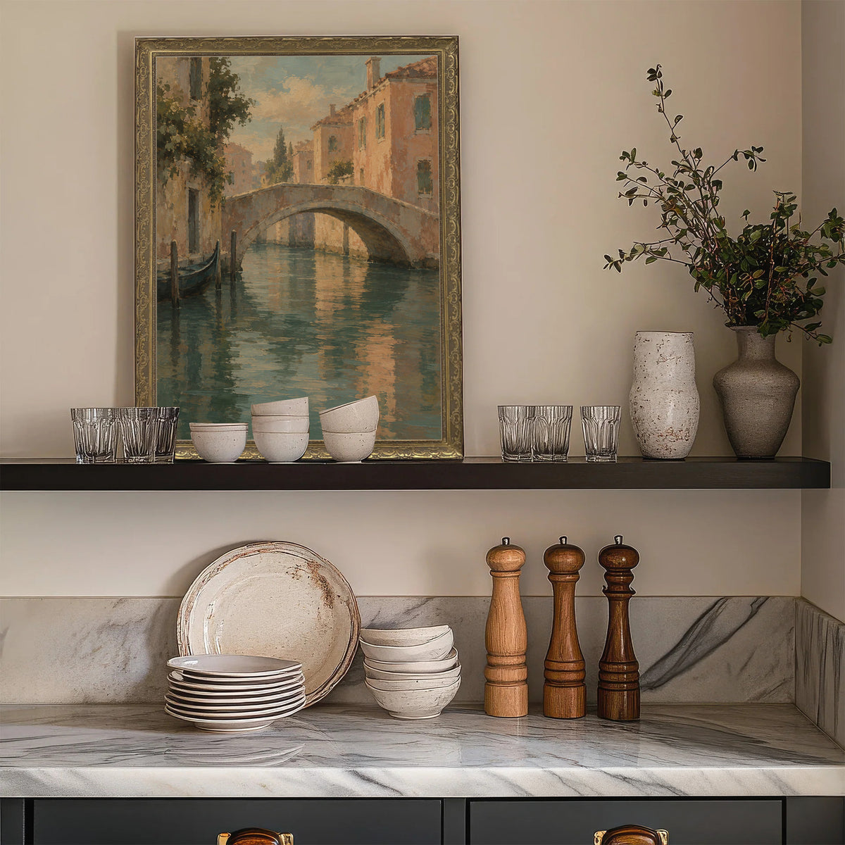 Across the Little Bridge Wall Art in a Gold Ornate Frame on a kitchen shelf