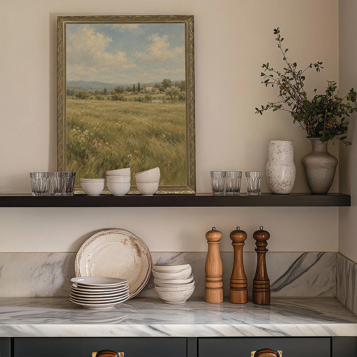 Across the Meadow Wall Art in a Gold Ornate Frame on a kitchen shelf