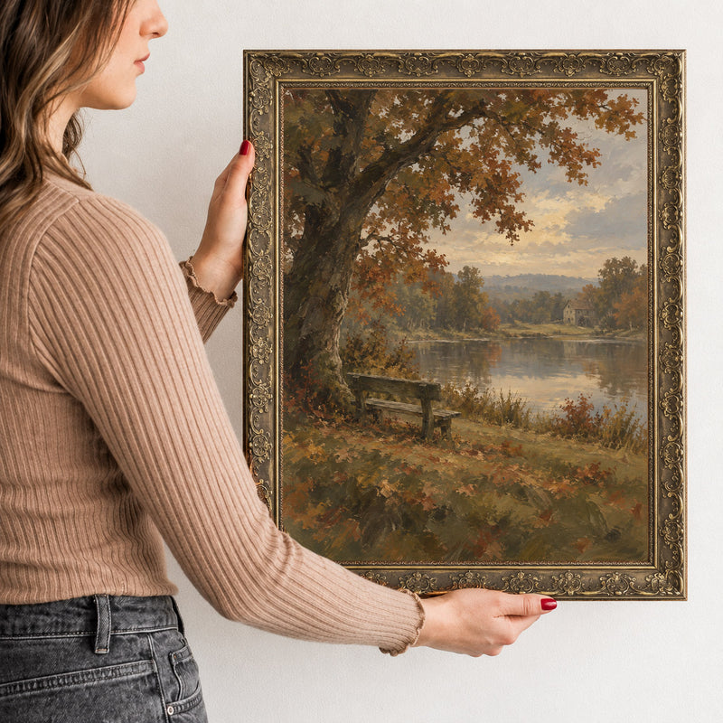 Bench Beneath the Oak Wall Art in a Gold Ornate Frame, held to show its size