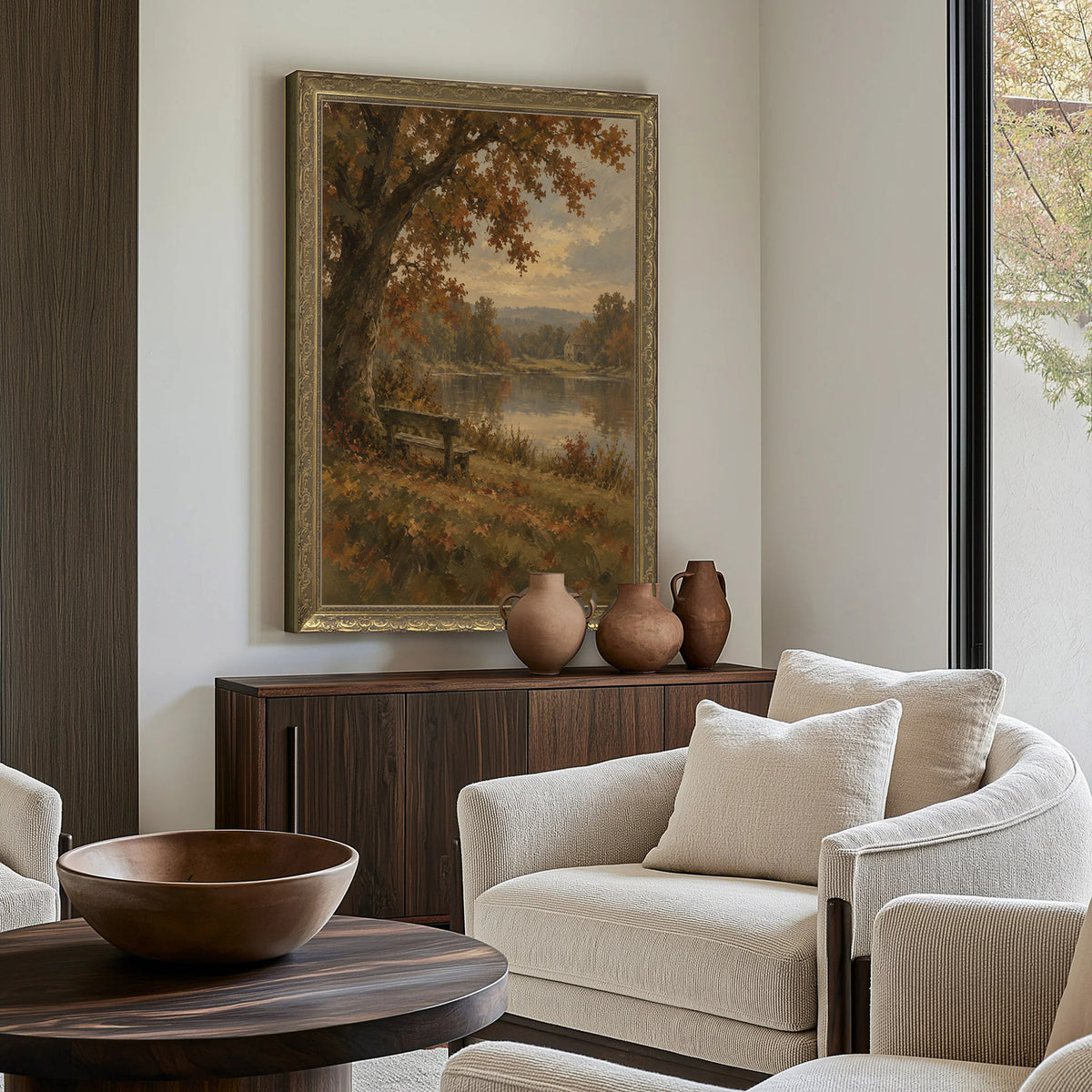 Bench Beneath the Oak Wall Art in a Gold Ornate Frame above a walnut console in a sitting room