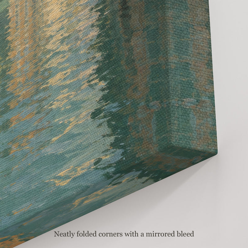 Bend in the Canal Wall Art, canvas corner with neatly folded corners and a mirrored bleed