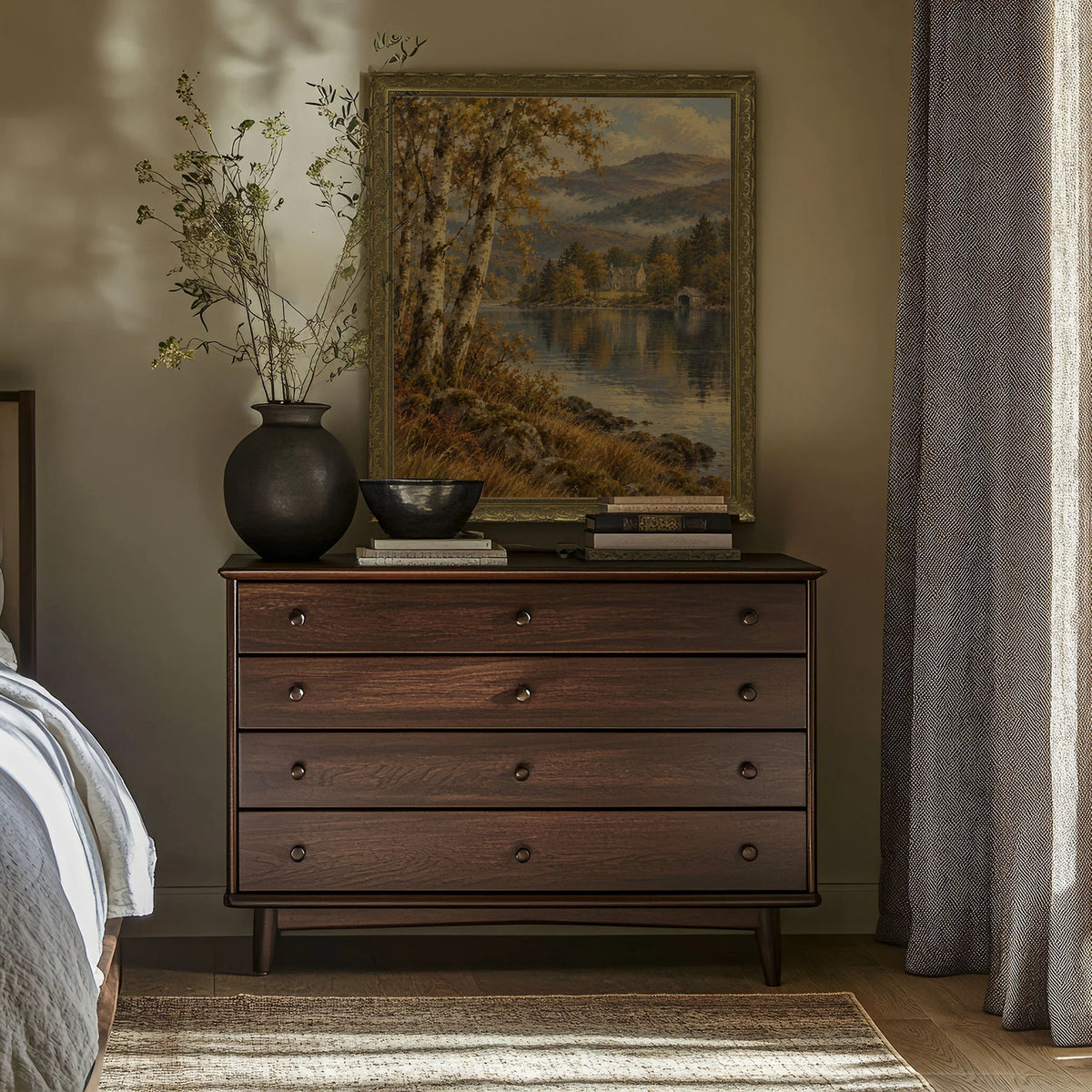 Birches at the Shore Wall Art in a Gold Ornate Frame above a walnut dresser in a bedroom