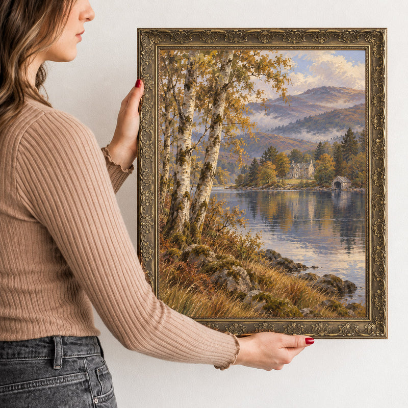 Birches at the Shore Wall Art in a Gold Ornate Frame, held to show its size