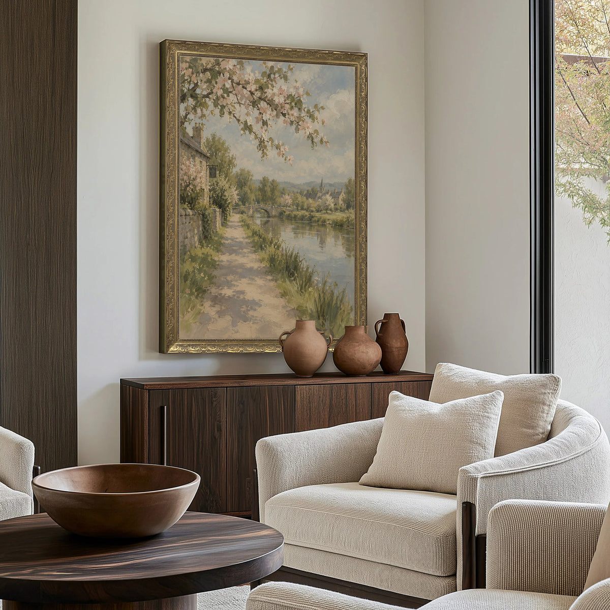 Blossom over the Towpath Wall Art in a Gold Ornate Frame above a walnut console in a sitting room