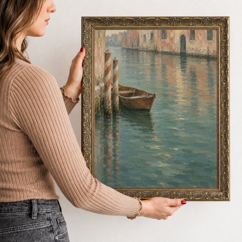 Boat at Rest Wall Art in a Gold Ornate Frame, held to show its size