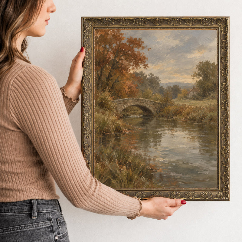 Bridge over the Mill Stream Wall Art in a Gold Ornate Frame, held to show its size