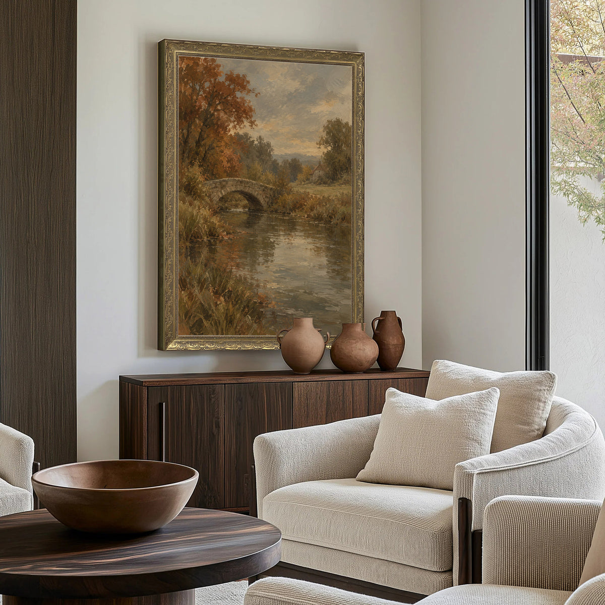 Bridge over the Mill Stream Wall Art in a Gold Ornate Frame above a walnut console in a sitting room