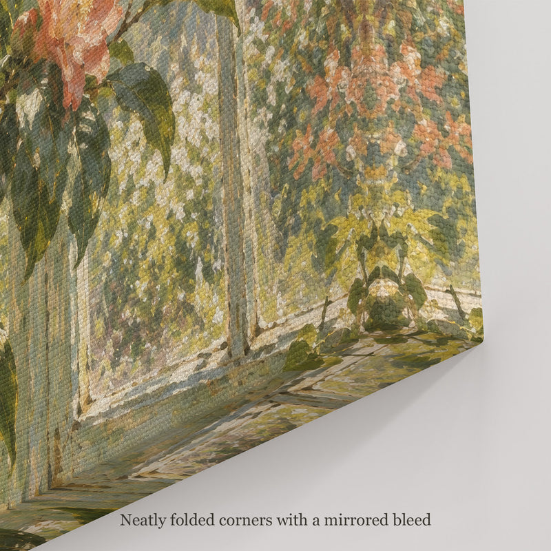 Camellia by the Panes Wall Art, canvas corner with neatly folded corners and a mirrored bleed