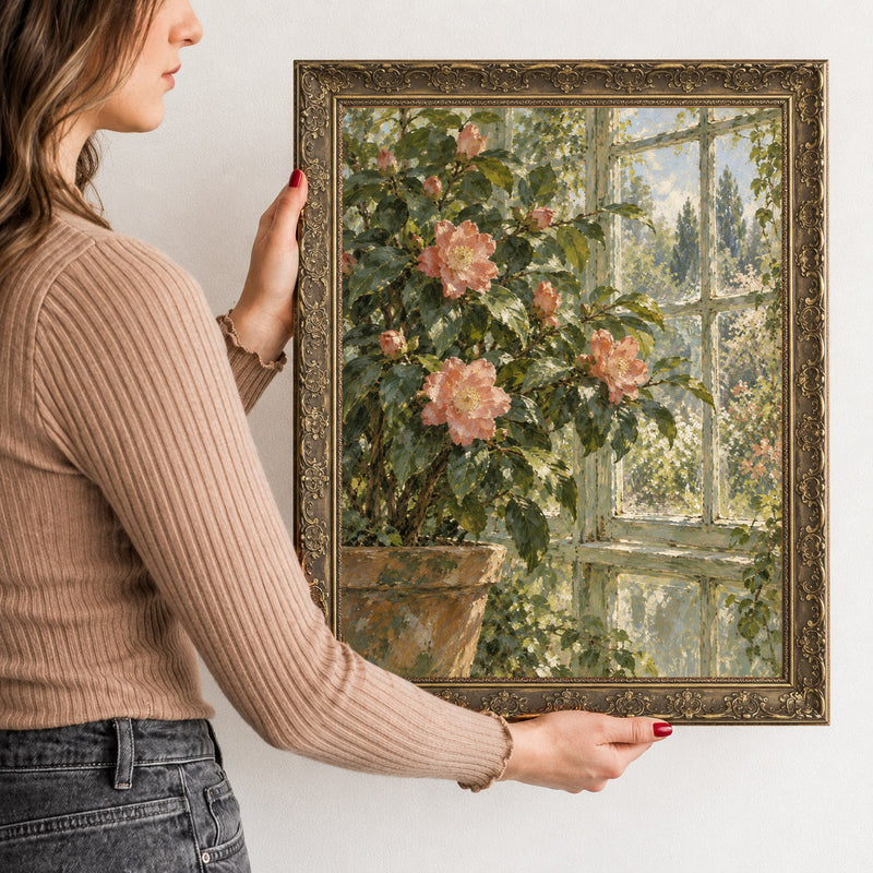 Camellia by the Panes Wall Art in a Gold Ornate Frame, held to show its size