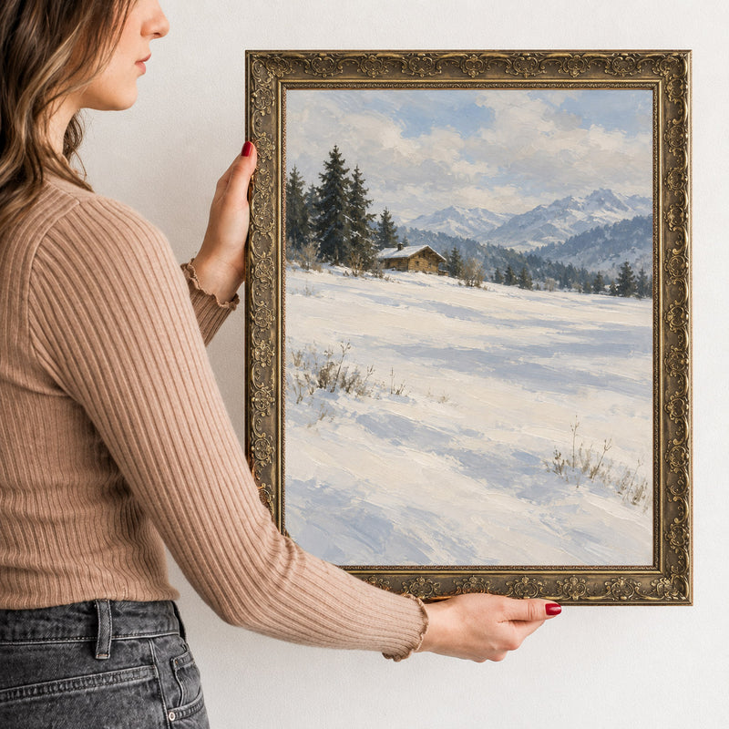 Chalet at the Meadow's Edge Wall Art in a Gold Ornate Frame, held to show its size