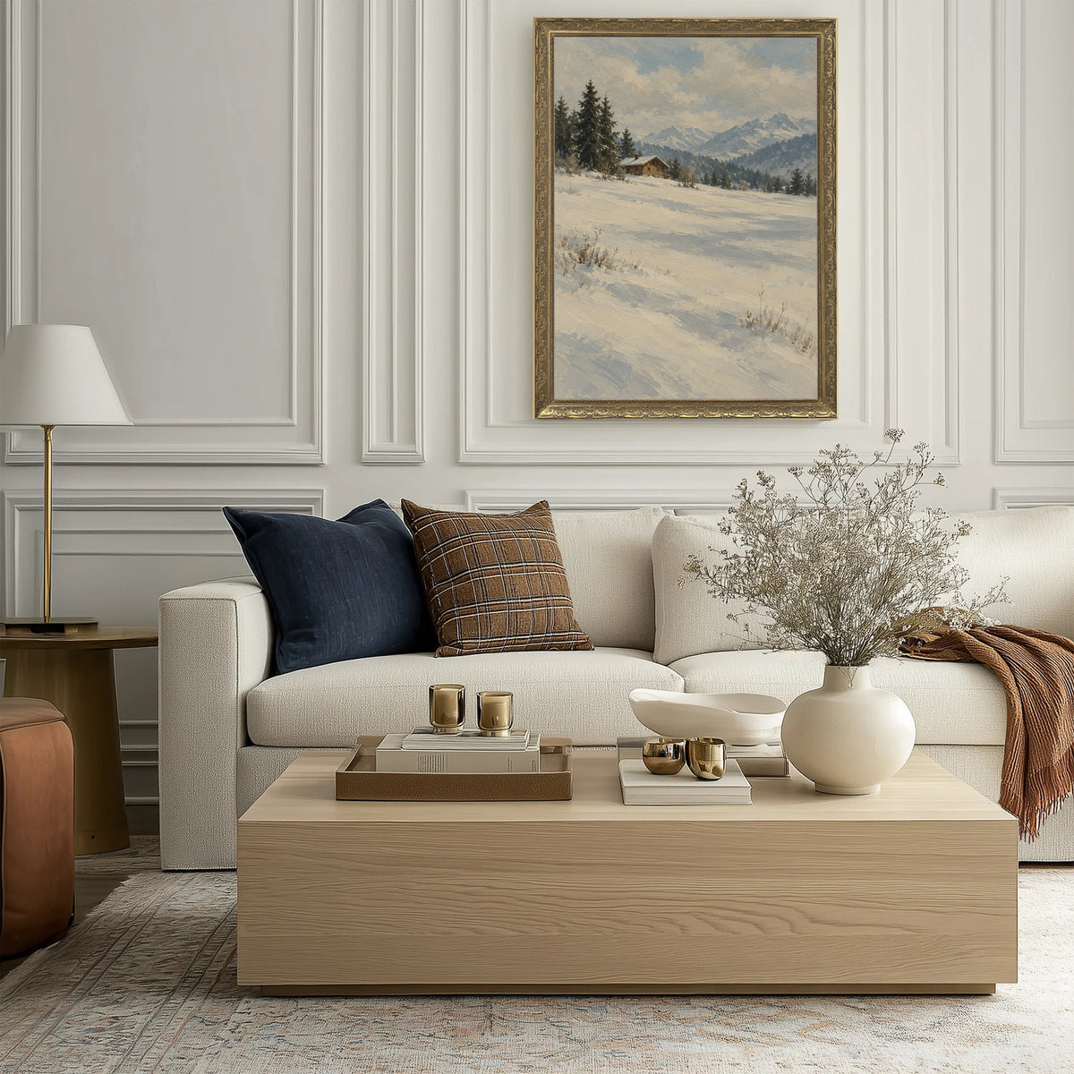 Chalet at the Meadow's Edge Wall Art in a Gold Ornate Frame above a cream sofa in a living room