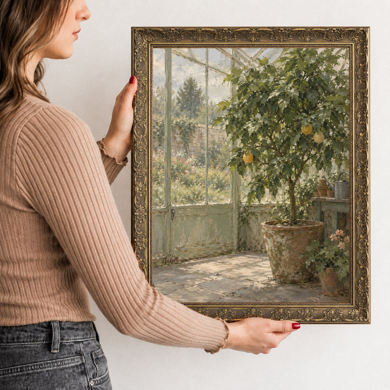 Citrus in the Winter House Wall Art in a Gold Ornate Frame, held to show its size