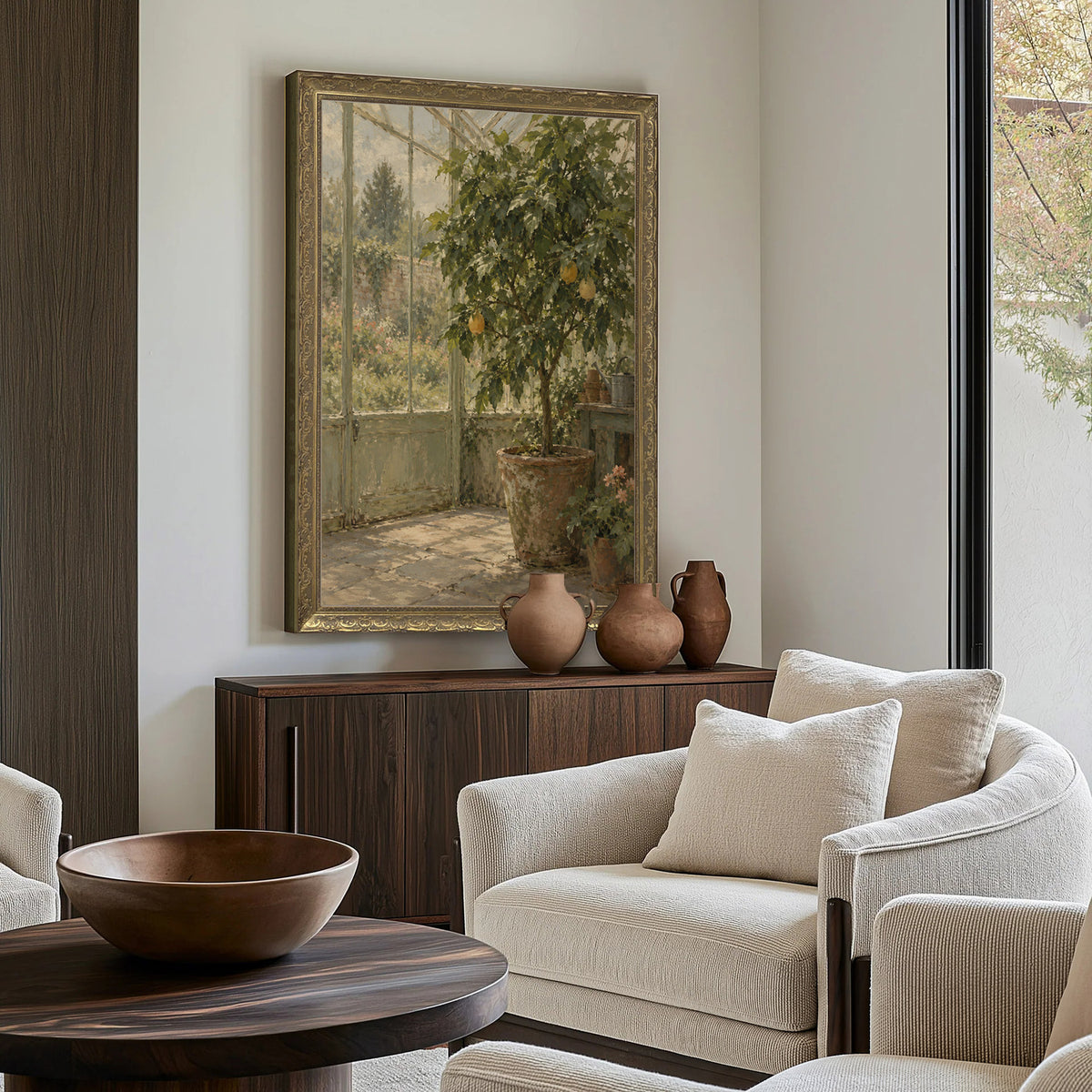 Citrus in the Winter House Wall Art in a Gold Ornate Frame above a walnut console in a sitting room