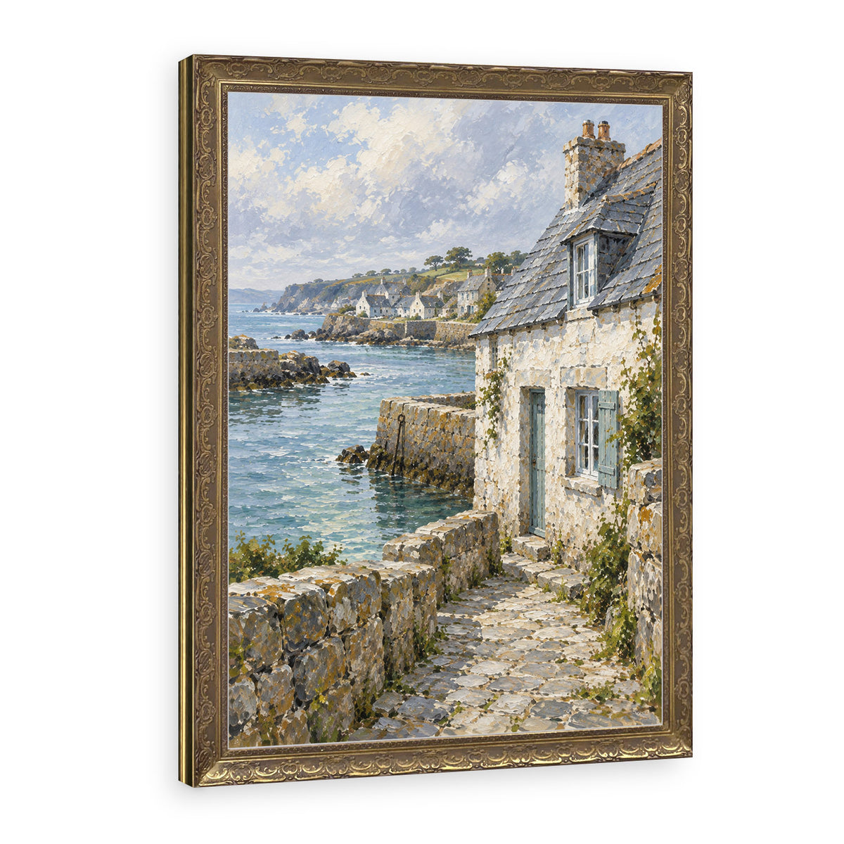 Cottage at the Harbour Bend Wall Art in a Gold Ornate Frame