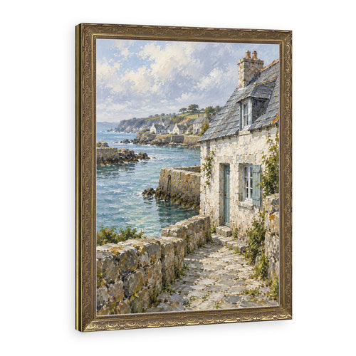 Cottage at the Harbour Bend Wall Art in a Gold Ornate Frame