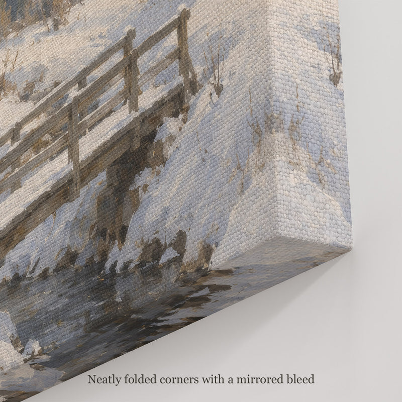 Footbridge in Snow Wall Art, canvas corner with neatly folded corners and a mirrored bleed