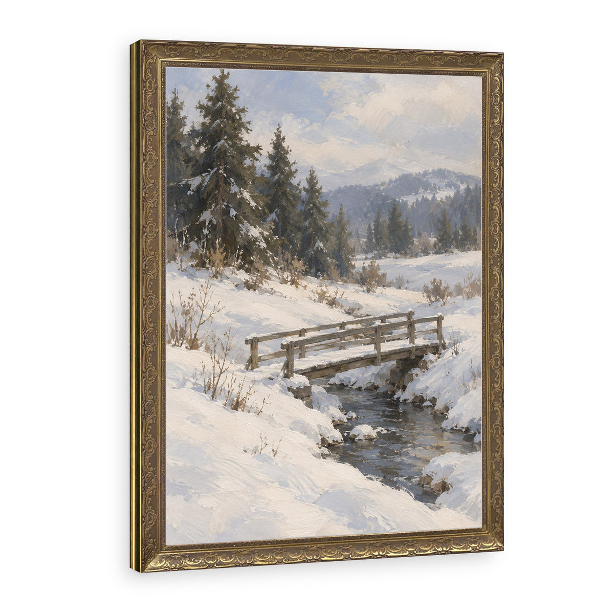 Footbridge in Snow Wall Art in a Gold Ornate Frame
