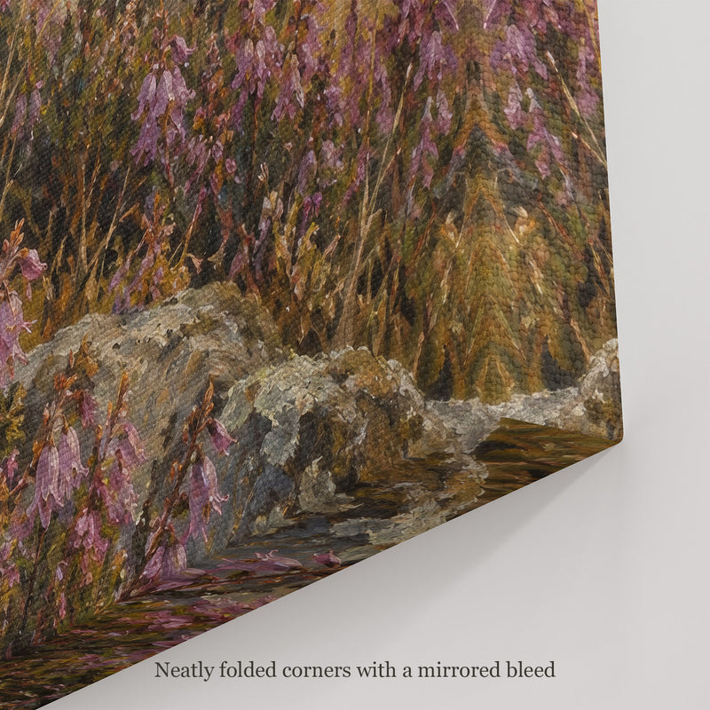 Heather Above the Loch Wall Art, canvas corner with neatly folded corners and a mirrored bleed