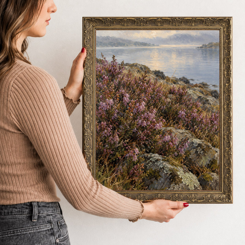 Heather Above the Loch Wall Art in a Gold Ornate Frame, held to show its size