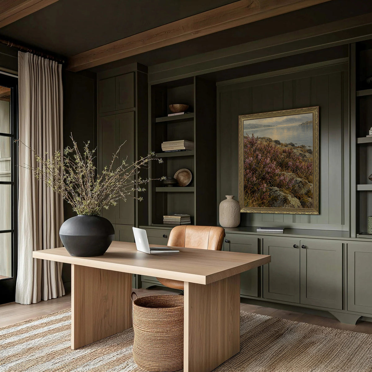 Heather Above the Loch Wall Art in a Gold Ornate Frame in a green panelled study