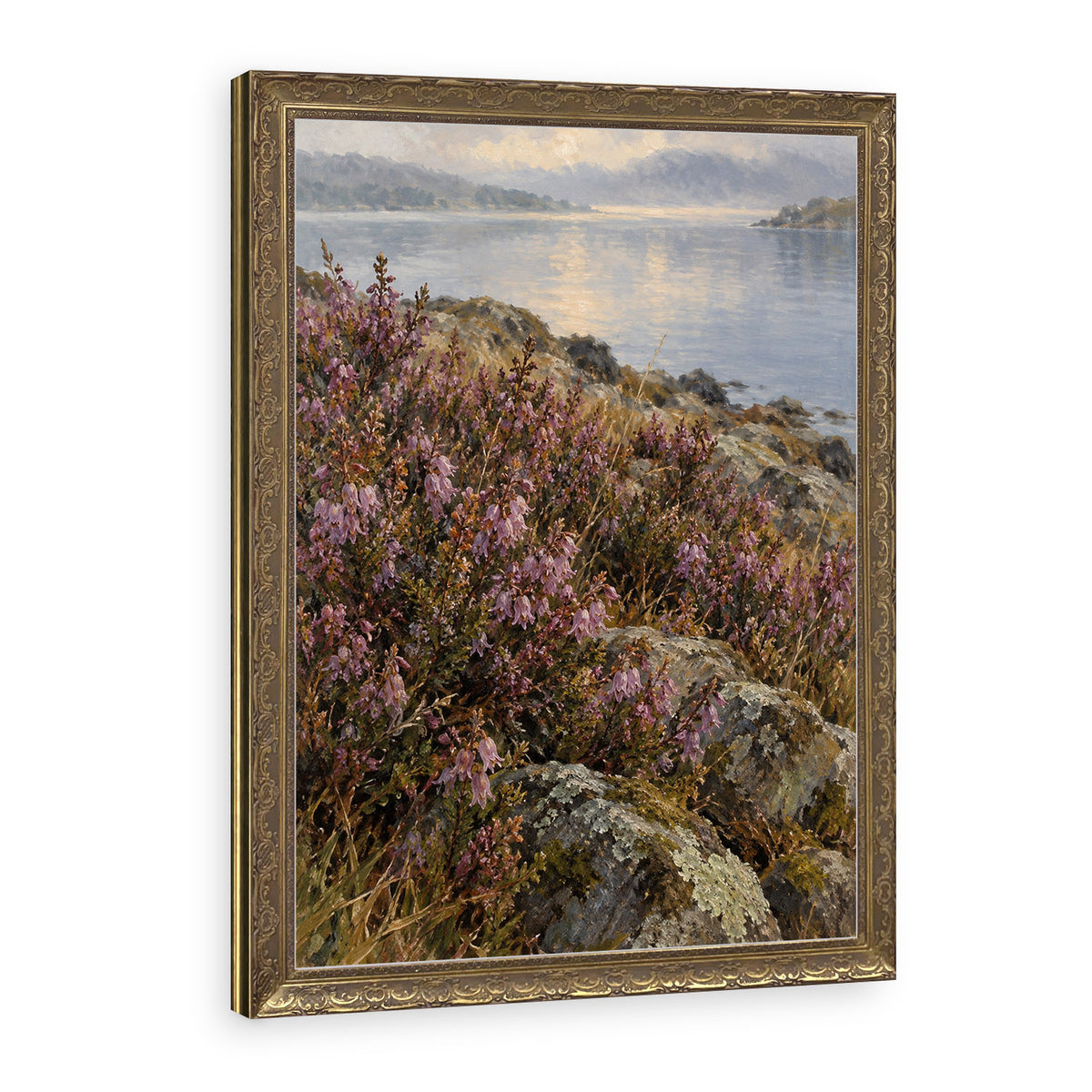 Heather Above the Loch Wall Art in a Gold Ornate Frame
