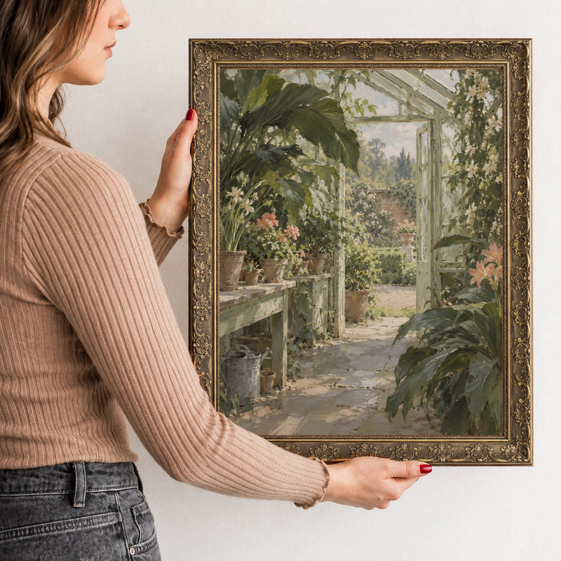 Inside the Glasshouse Wall Art in a Gold Ornate Frame, held to show its size