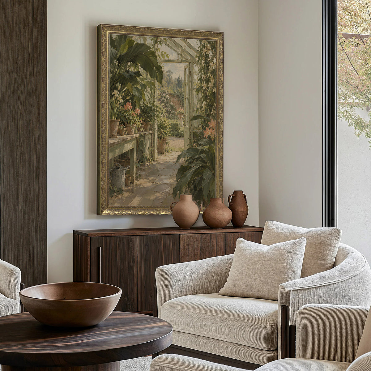 Inside the Glasshouse Wall Art in a Gold Ornate Frame above a walnut console in a sitting room