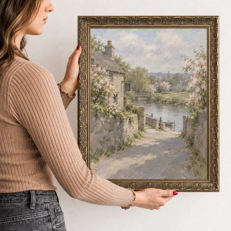 Lane to the River Landing Wall Art in a Gold Ornate Frame, held to show its size