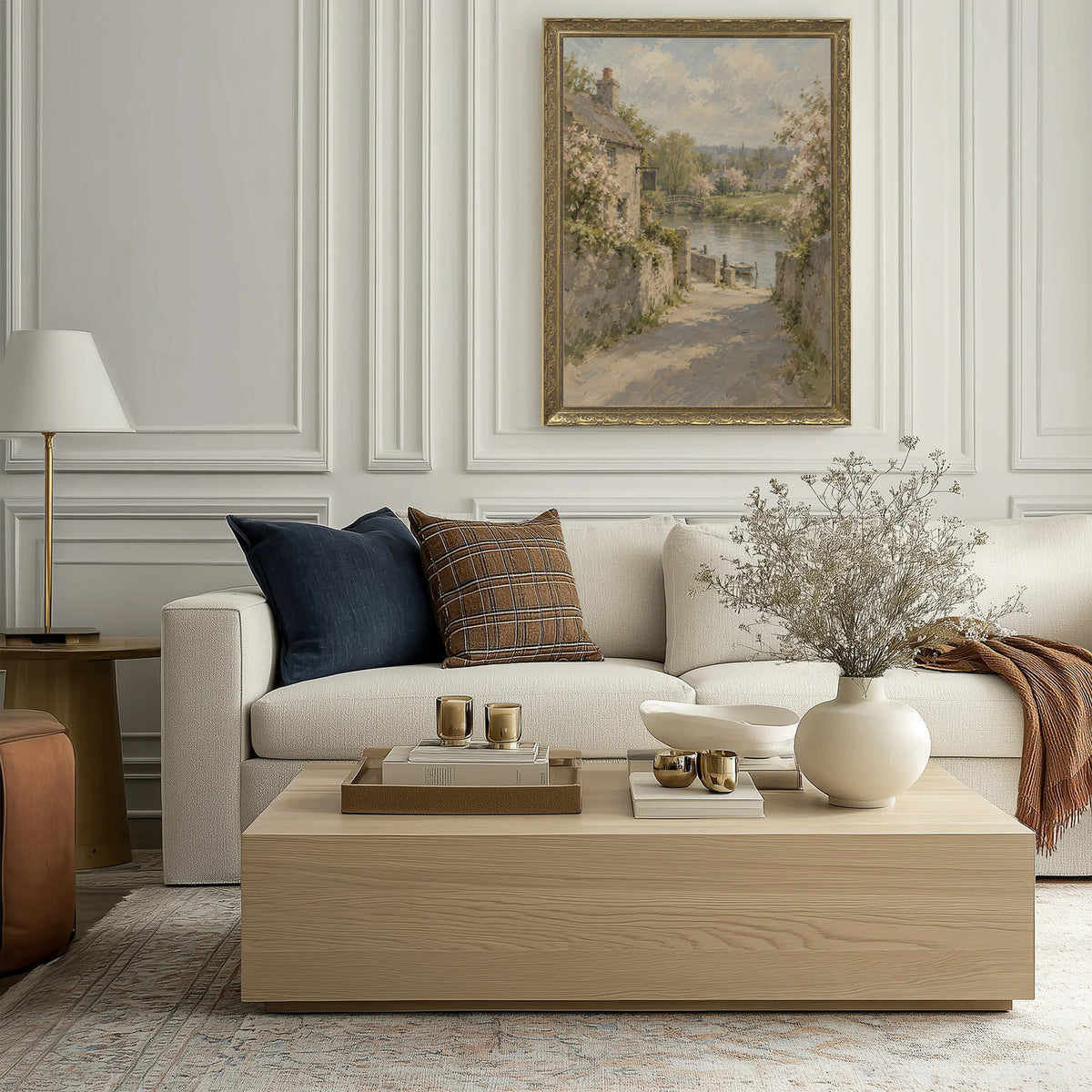 Lane to the River Landing Wall Art in a Gold Ornate Frame above a cream sofa in a living room