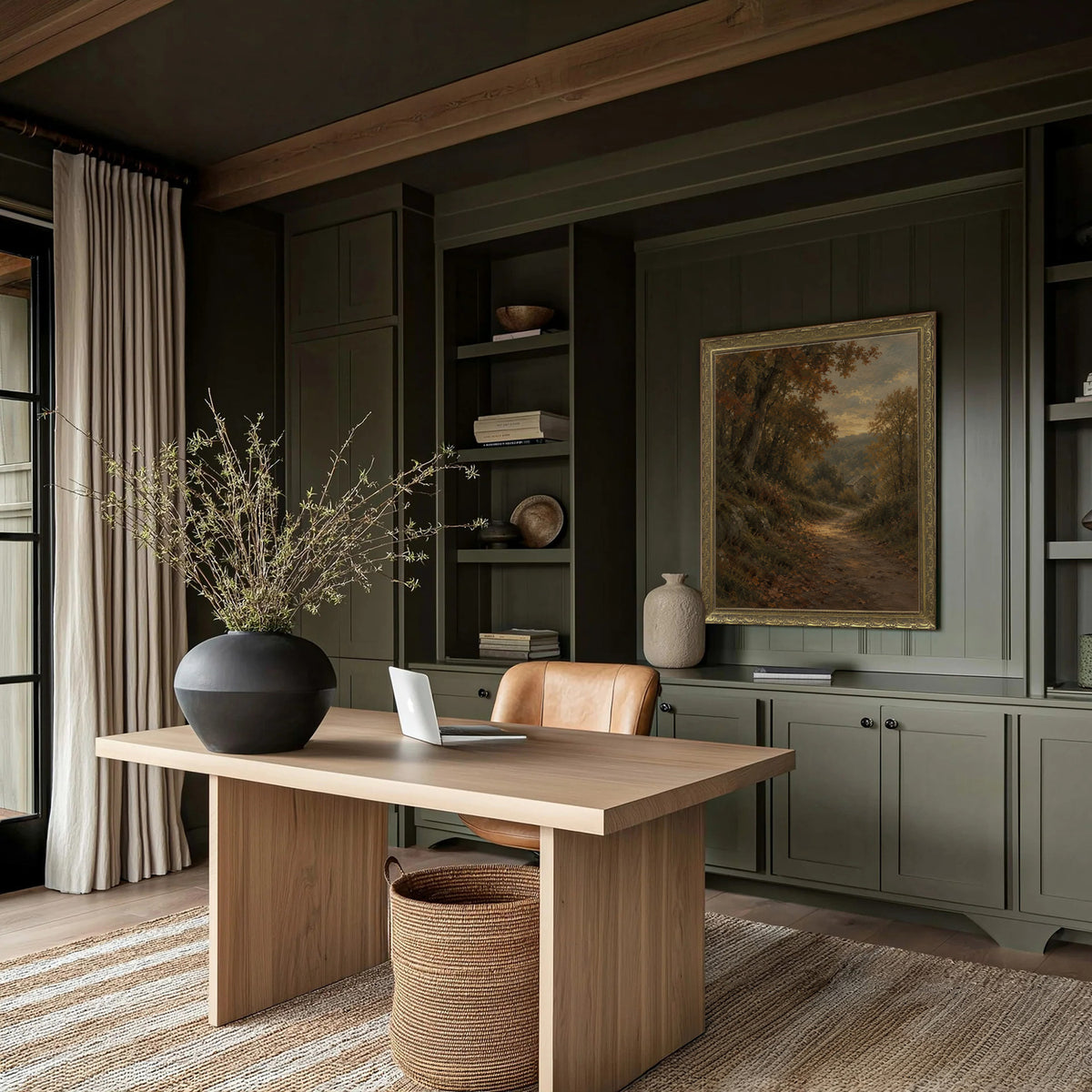Last Light on the Path Wall Art in a Gold Ornate Frame in a green panelled study