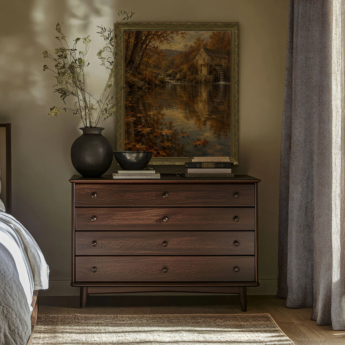 Leaves on Still Water Wall Art in a Gold Ornate Frame above a walnut dresser in a bedroom