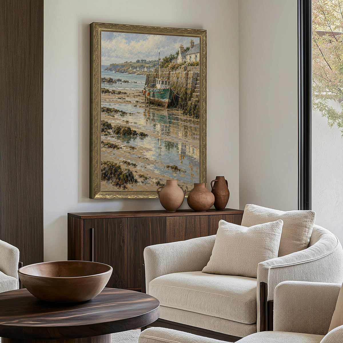 Low Tide Wall Art in a Gold Ornate Frame above a walnut console in a sitting room