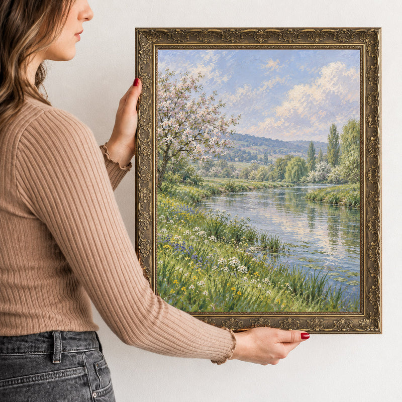 Meadow at the River Bend Wall Art in a Gold Ornate Frame, held to show its size