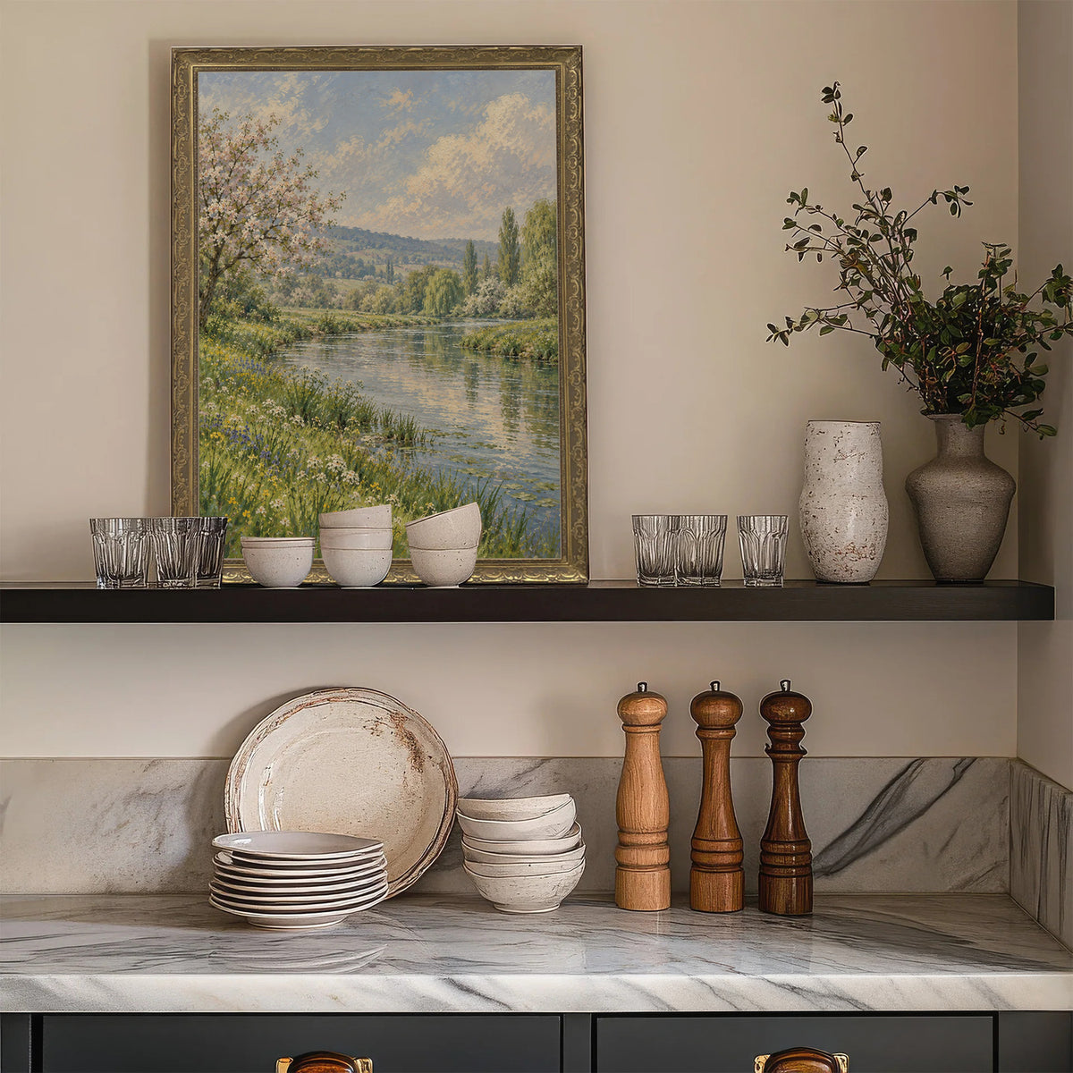 Meadow at the River Bend Wall Art in a Gold Ornate Frame on a kitchen shelf