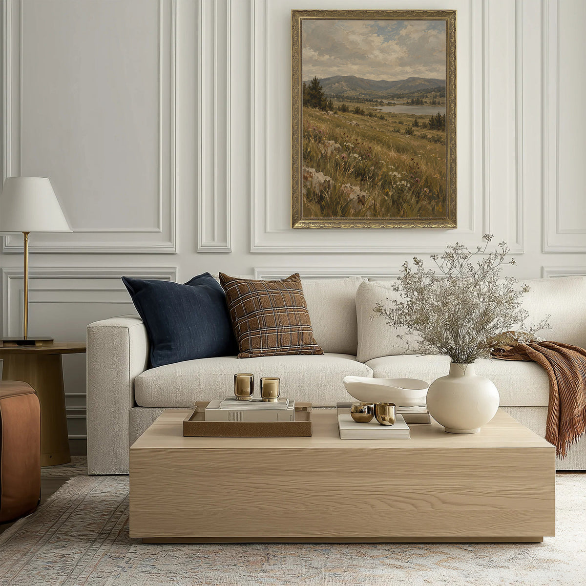 Meadow Beneath the Ridge Wall Art in a Gold Ornate Frame above a cream sofa in a living room