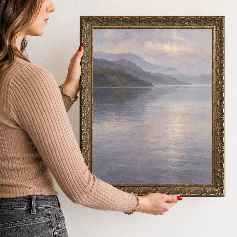Morning Mist on the Loch Wall Art in a Gold Ornate Frame, held to show its size