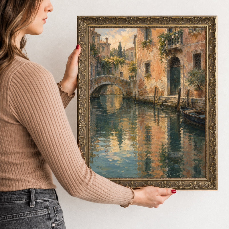 Palazzo on Still Water Wall Art in a Gold Ornate Frame, held to show its size