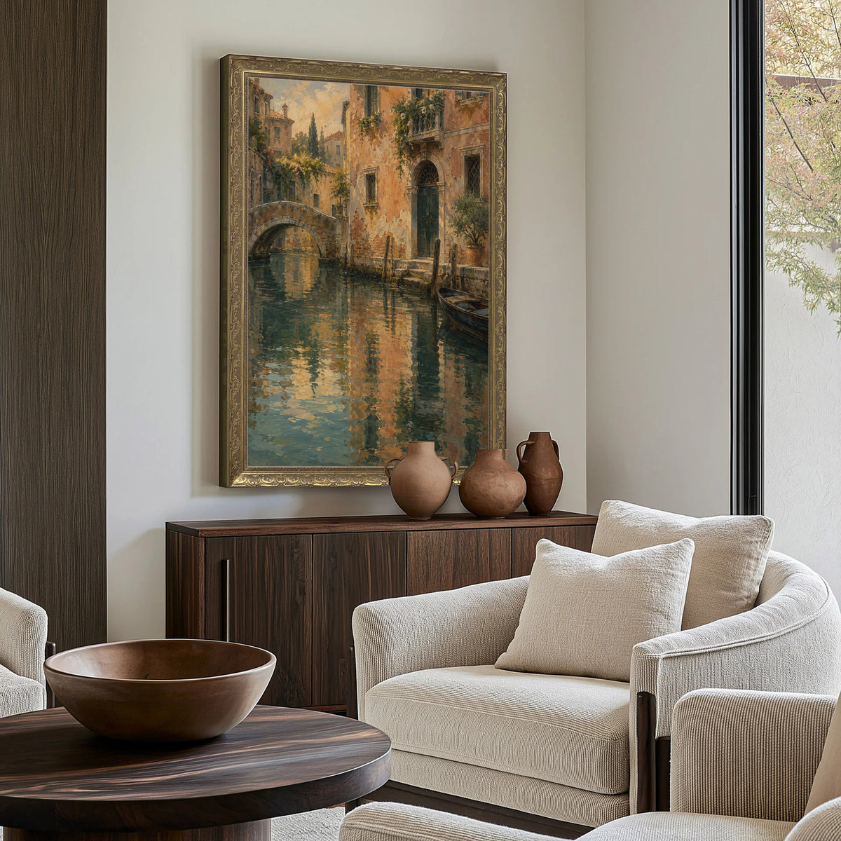 Palazzo on Still Water Wall Art in a Gold Ornate Frame above a walnut console in a sitting room