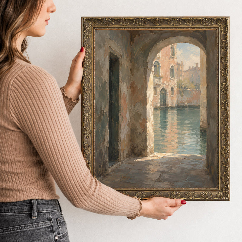 Passage to the Canal Wall Art in a Gold Ornate Frame, held to show its size