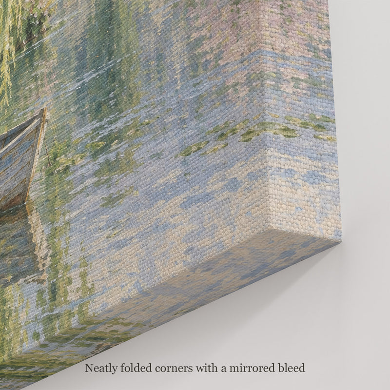 Rowboat Beneath the Willow Wall Art, canvas corner with neatly folded corners and a mirrored bleed