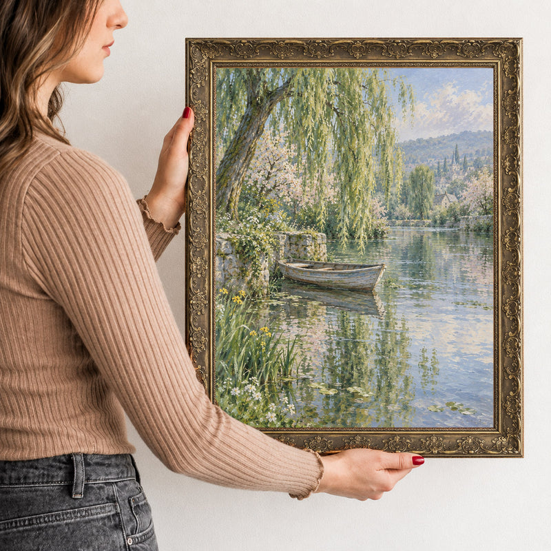 Rowboat Beneath the Willow Wall Art in a Gold Ornate Frame, held to show its size