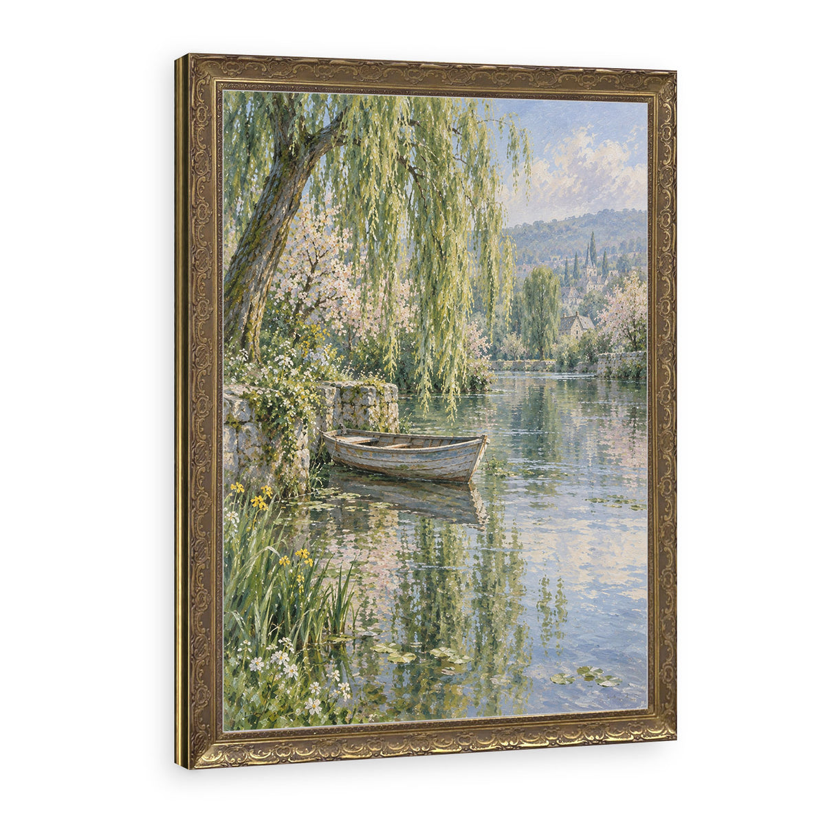 Rowboat Beneath the Willow Wall Art in a Gold Ornate Frame