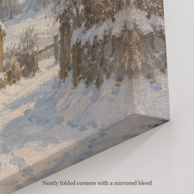 Snow on the Village Lane Wall Art, canvas corner with neatly folded corners and a mirrored bleed