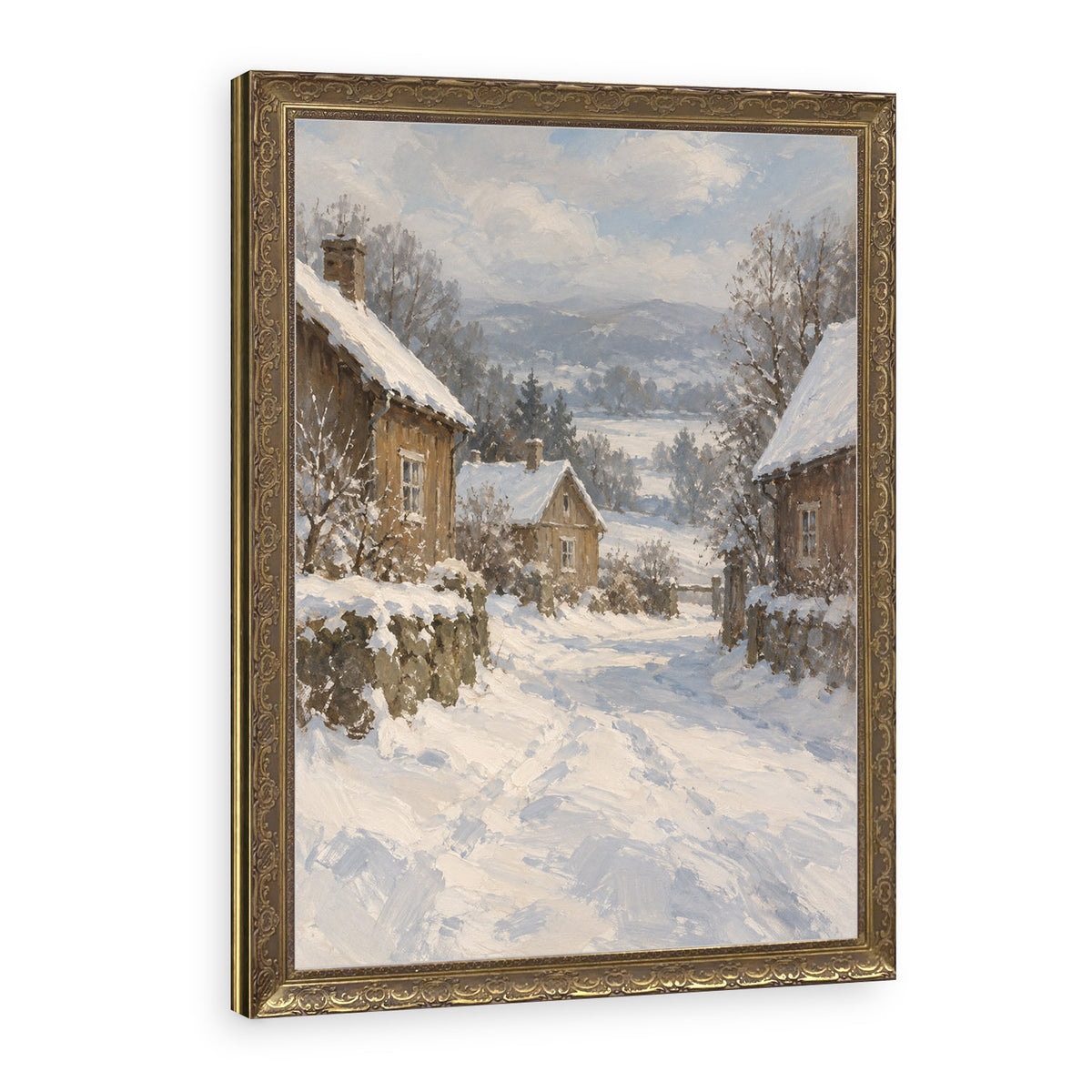 Snow on the Village Lane Wall Art in a Gold Ornate Frame