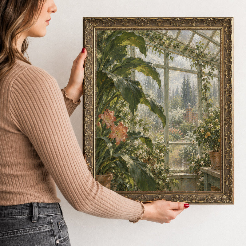 Spring Rain on the Glass Wall Art in a Gold Ornate Frame, held to show its size