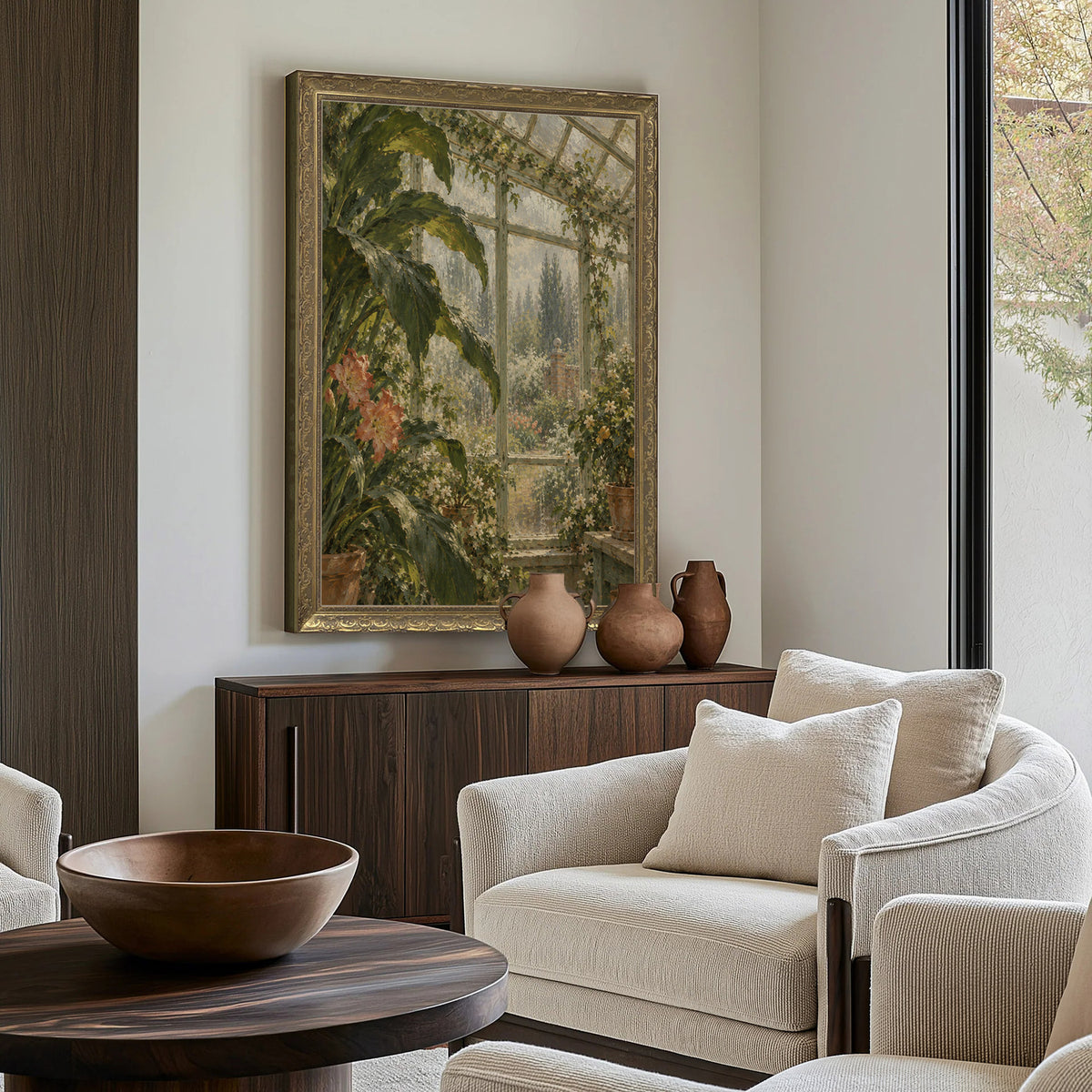 Spring Rain on the Glass Wall Art in a Gold Ornate Frame above a walnut console in a sitting room