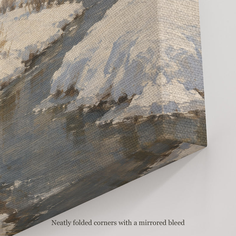 Spruce by the Winter Stream Wall Art, canvas corner with neatly folded corners and a mirrored bleed