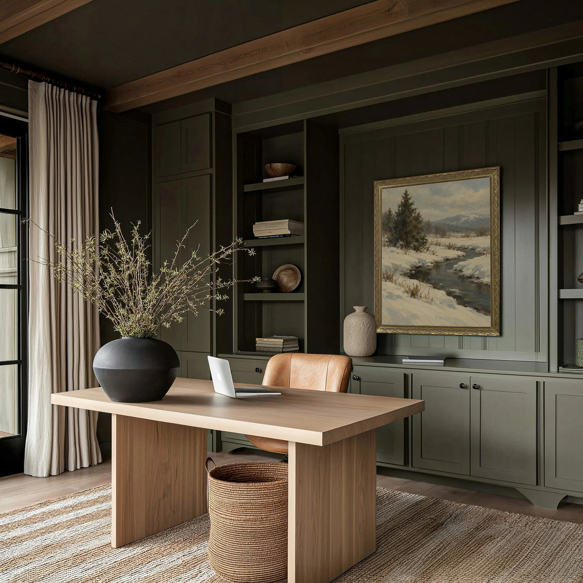 Spruce by the Winter Stream Wall Art in a Gold Ornate Frame in a green panelled study