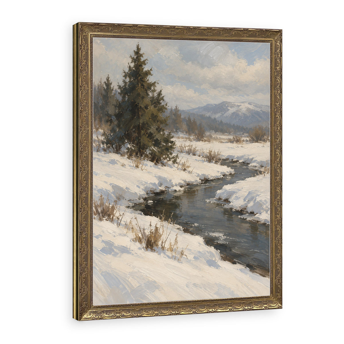 Spruce by the Winter Stream Wall Art in a Gold Ornate Frame